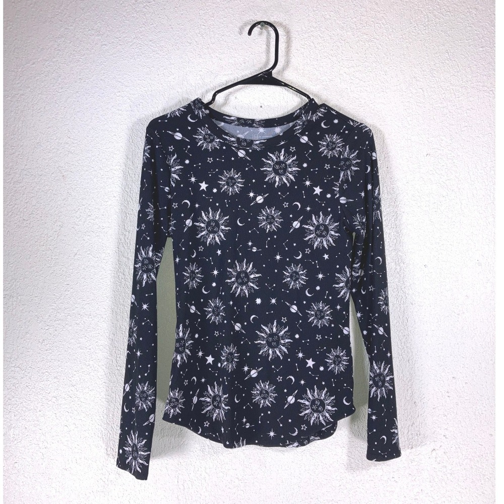 No Boundaries Celestial Sun Moon Star Ribbed Long Sleeve Top Black Multi L 11-13